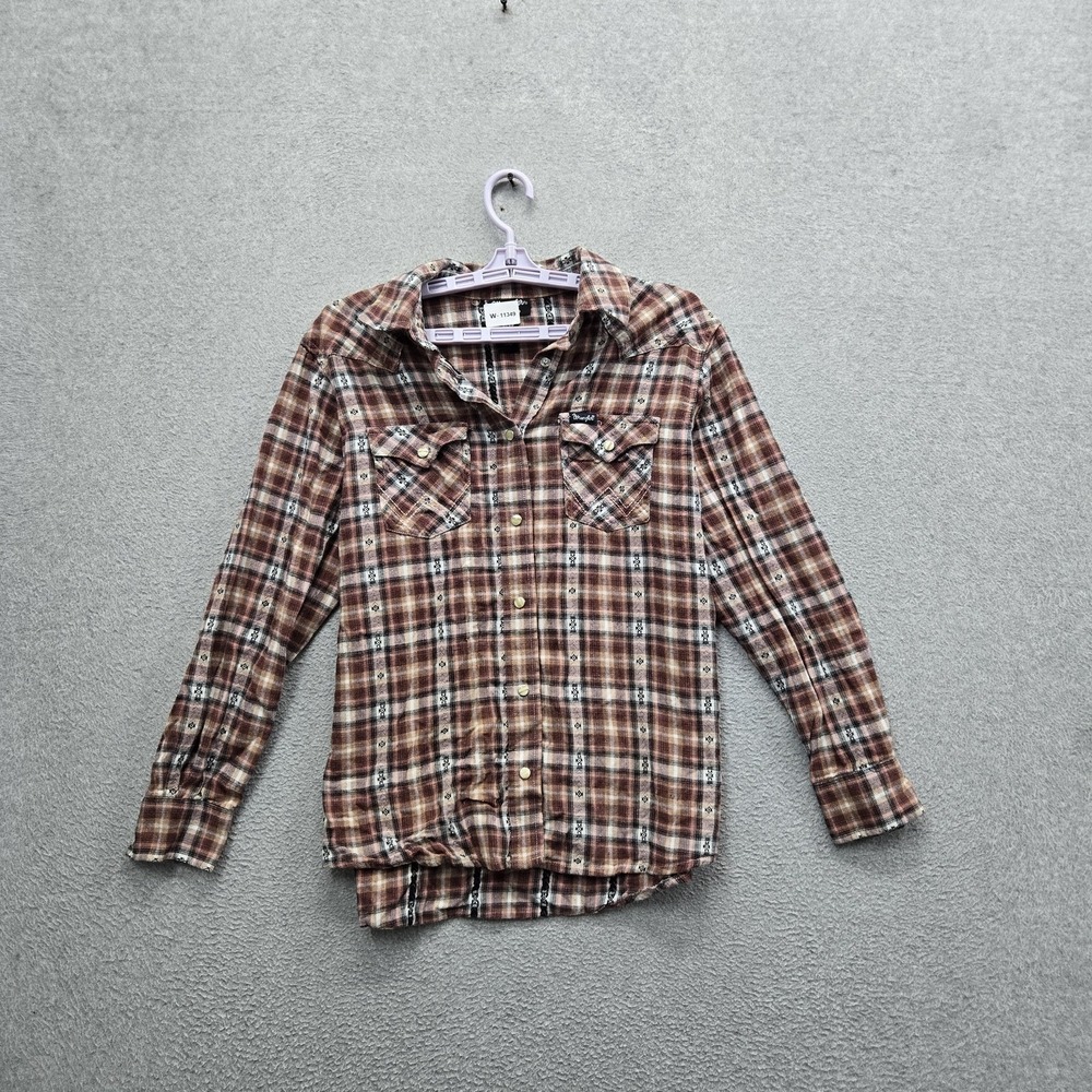 Wrangler Women Button‎ Up Shirt S/CH/P Brown Plaid Flannel Western Retro
